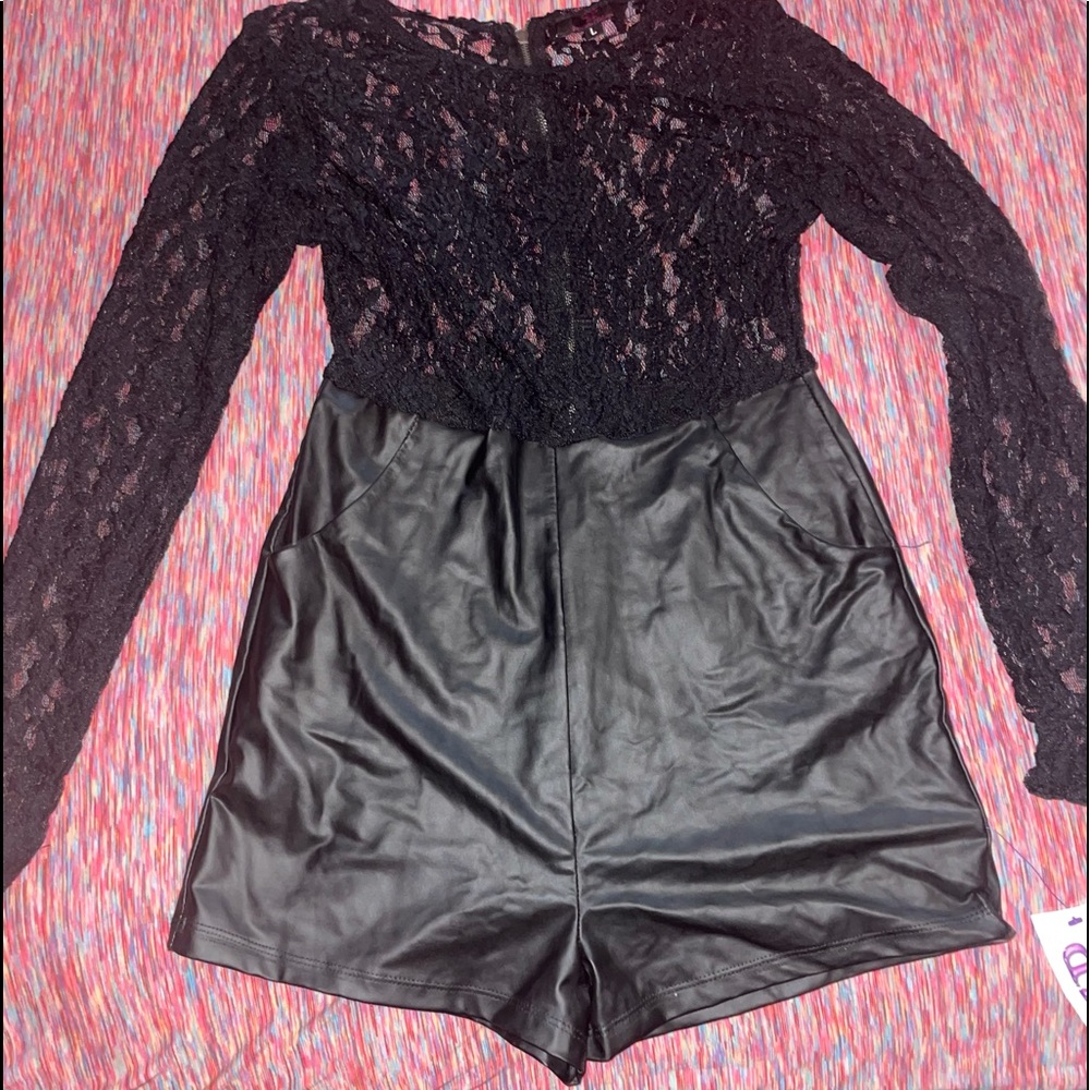 One piece lace top short set in black size large